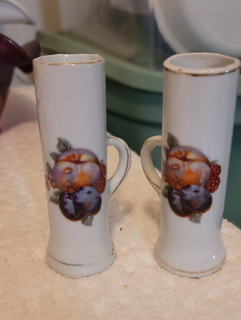 Vintage Miniature White Porcelain Bud Vases With Fruit Motif and Gold Trim